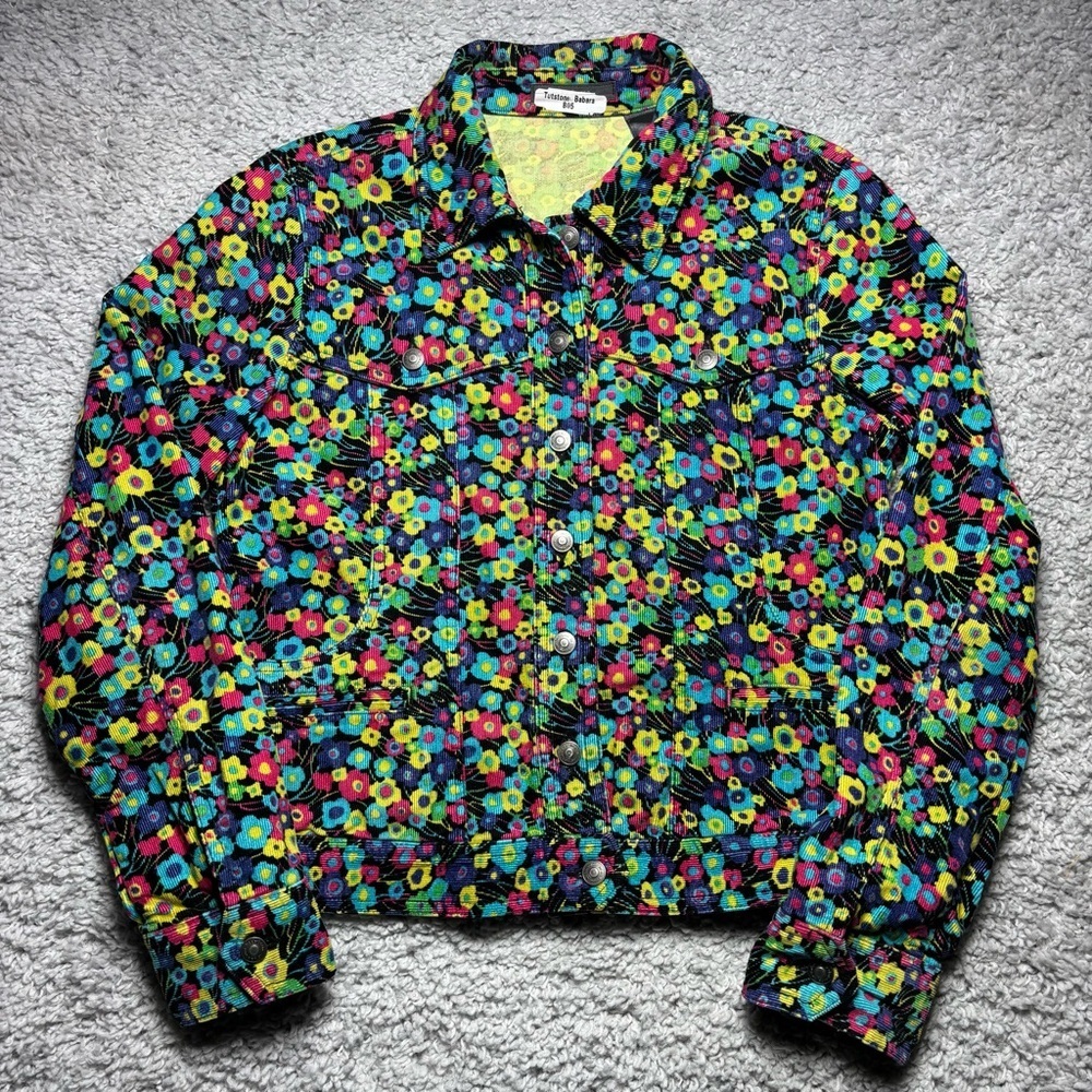 Liz Claiborne Black Floral Cropped Jean Jacket with Bright Multicolor Flowers
